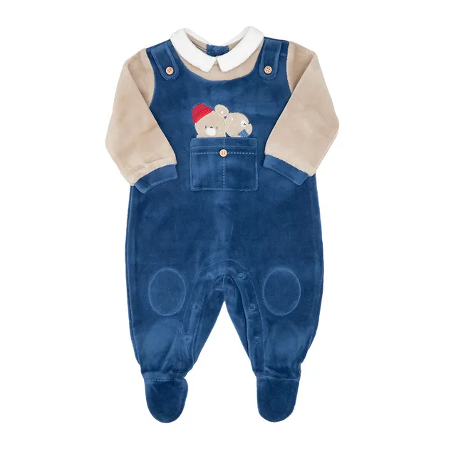 Tutina Neonato Orsetti Blu Beige Ciniglia con Piedini