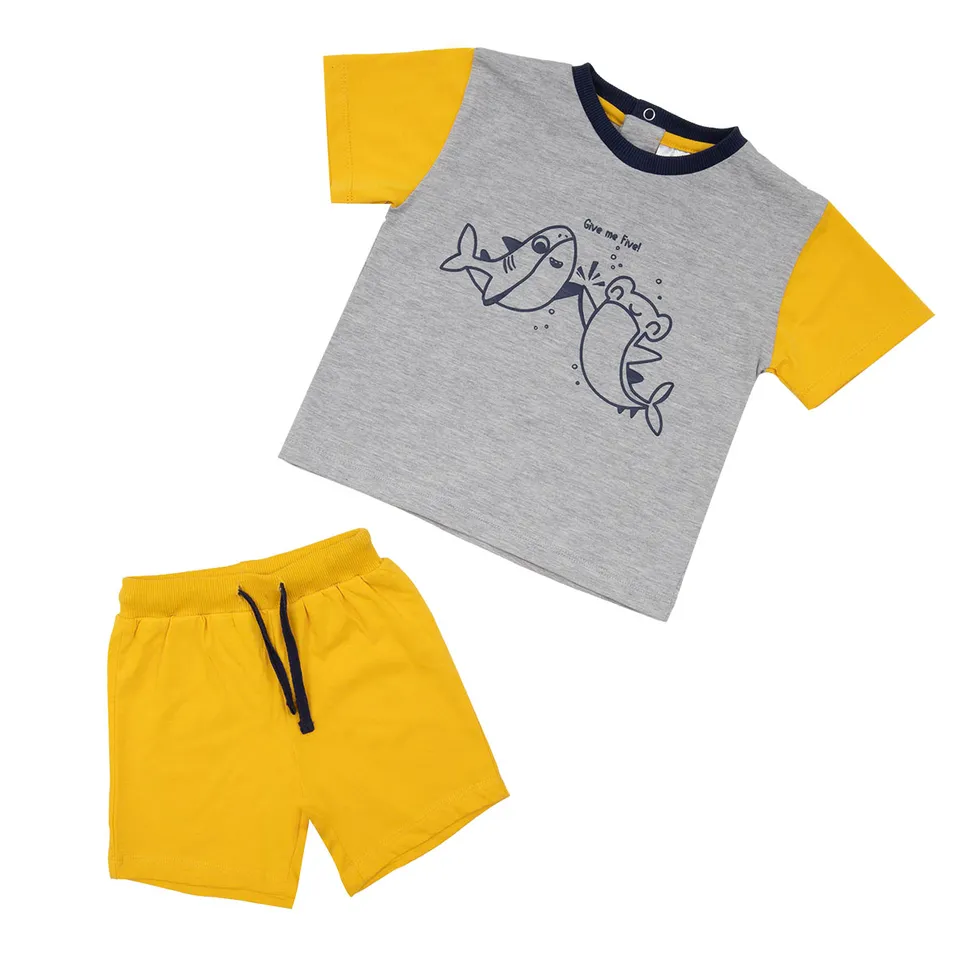 Set bimbo t-shirt + shorts grigio giallo pesci 2 pezzi estate
