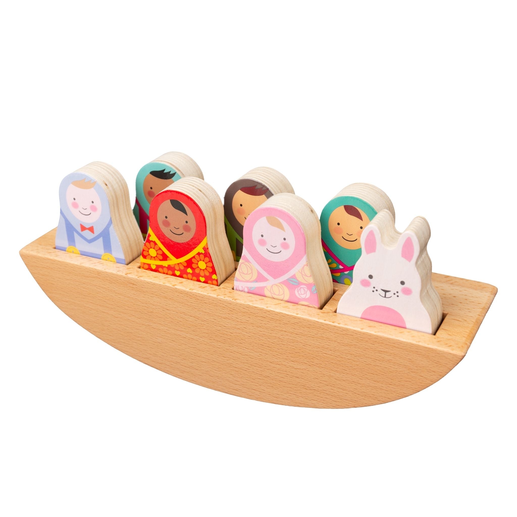 Rosa & Bo Little Friends Rock-a-Boat Woodlies barchetta legno con amici