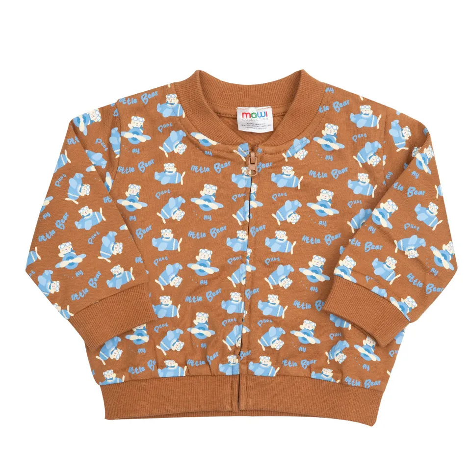 Felpa Zip Bimbo Marrone Stampa Orsetto Aviatore