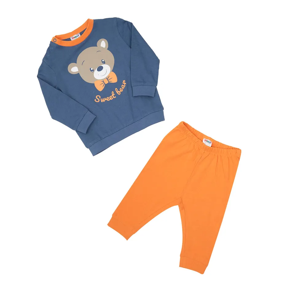 Pigiama bimbo orso blu arancione due pezzi bottoni