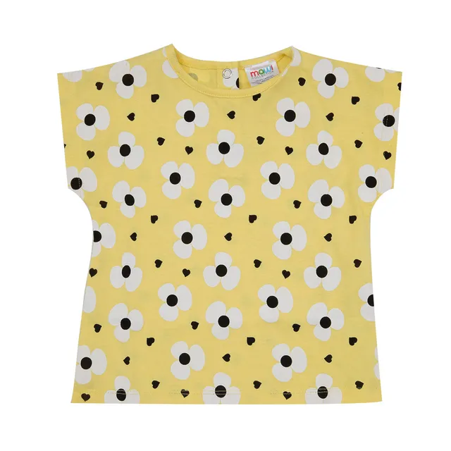 T-shirt bimba gialla fiori giromanica cotone