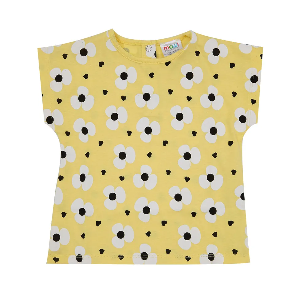 T-shirt bimba gialla fiori giromanica cotone