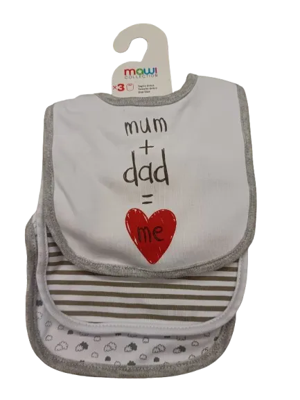 Set 3 Bavaglini Mum Dad Me Bianco Cotone Bottone Clip