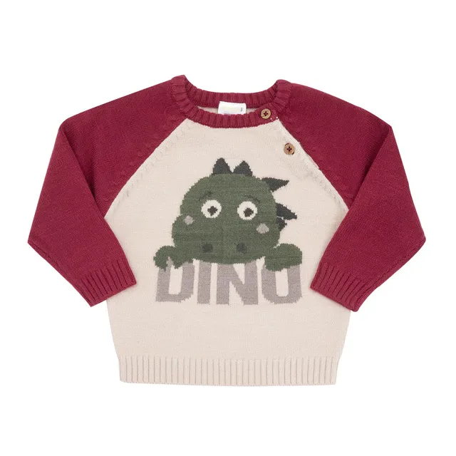 Maglione tricot bimbo bordeaux beige dino girocollo 2 bottoni