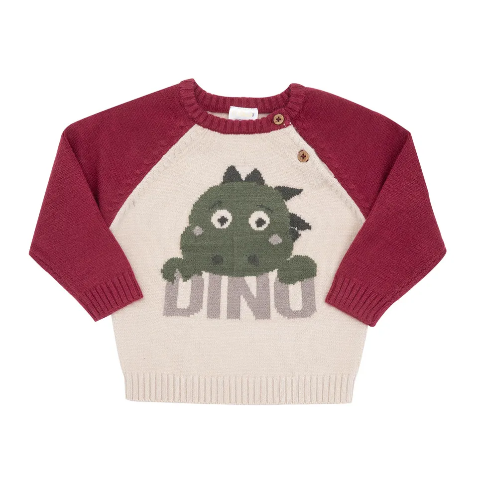 Maglione tricot bimbo bordeaux beige dino girocollo 2 bottoni