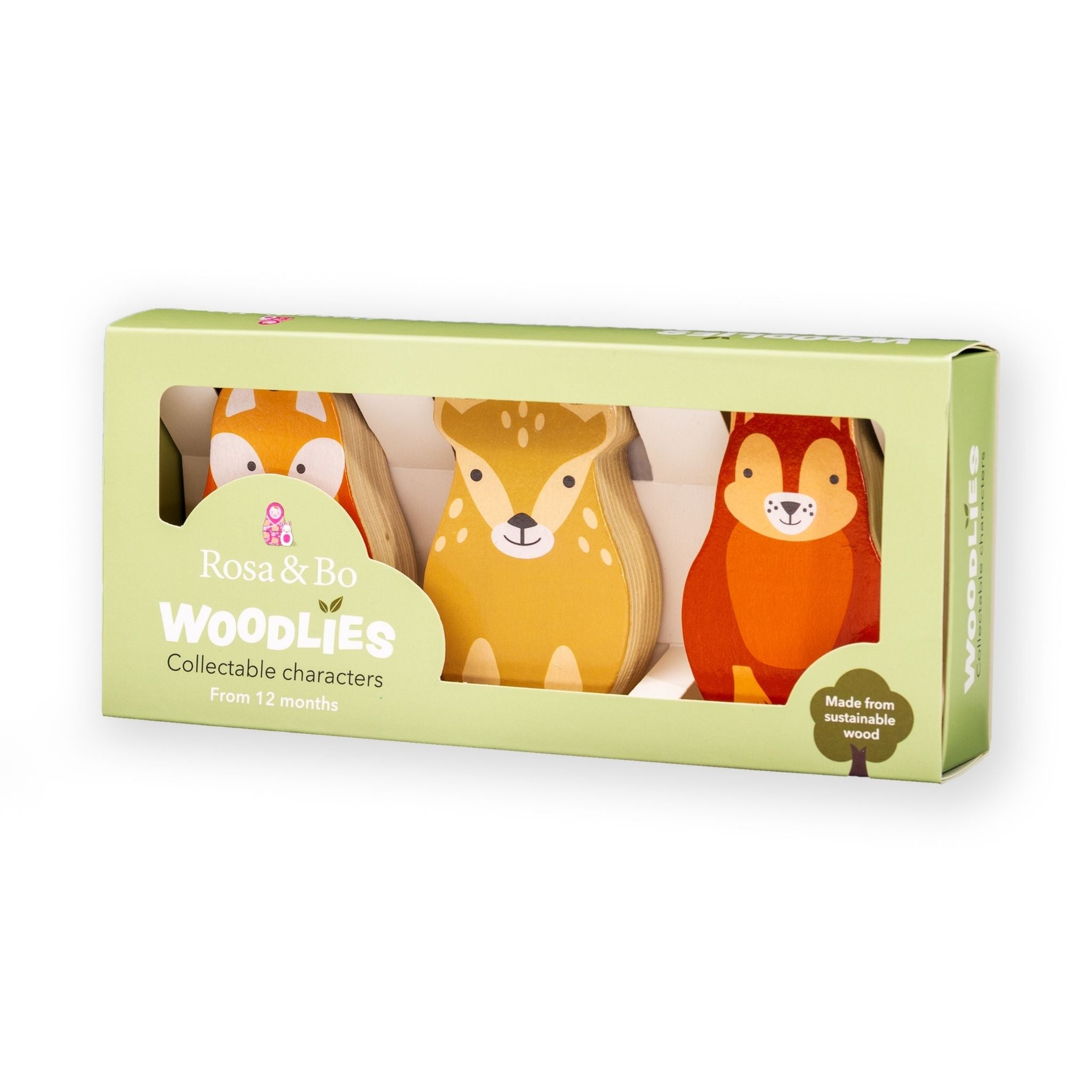 Rosa & Bo Woodlies Flyte Roxy Harry giochi in legno 3 pezzi 12 mesi+