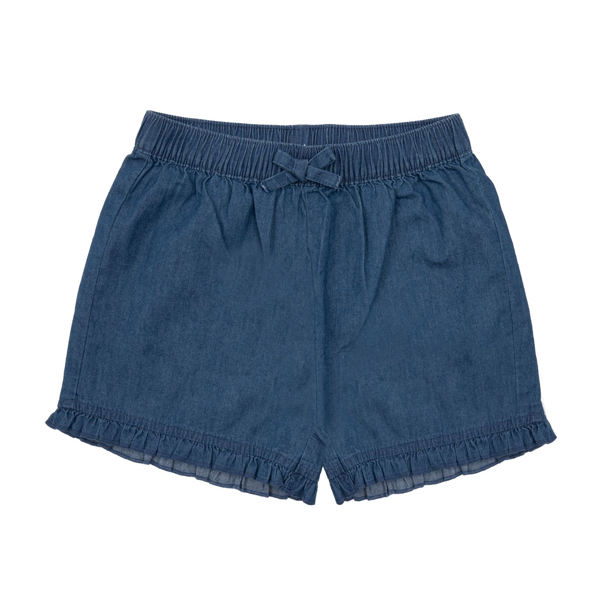 Short bimba denim blu con fiocco elastico