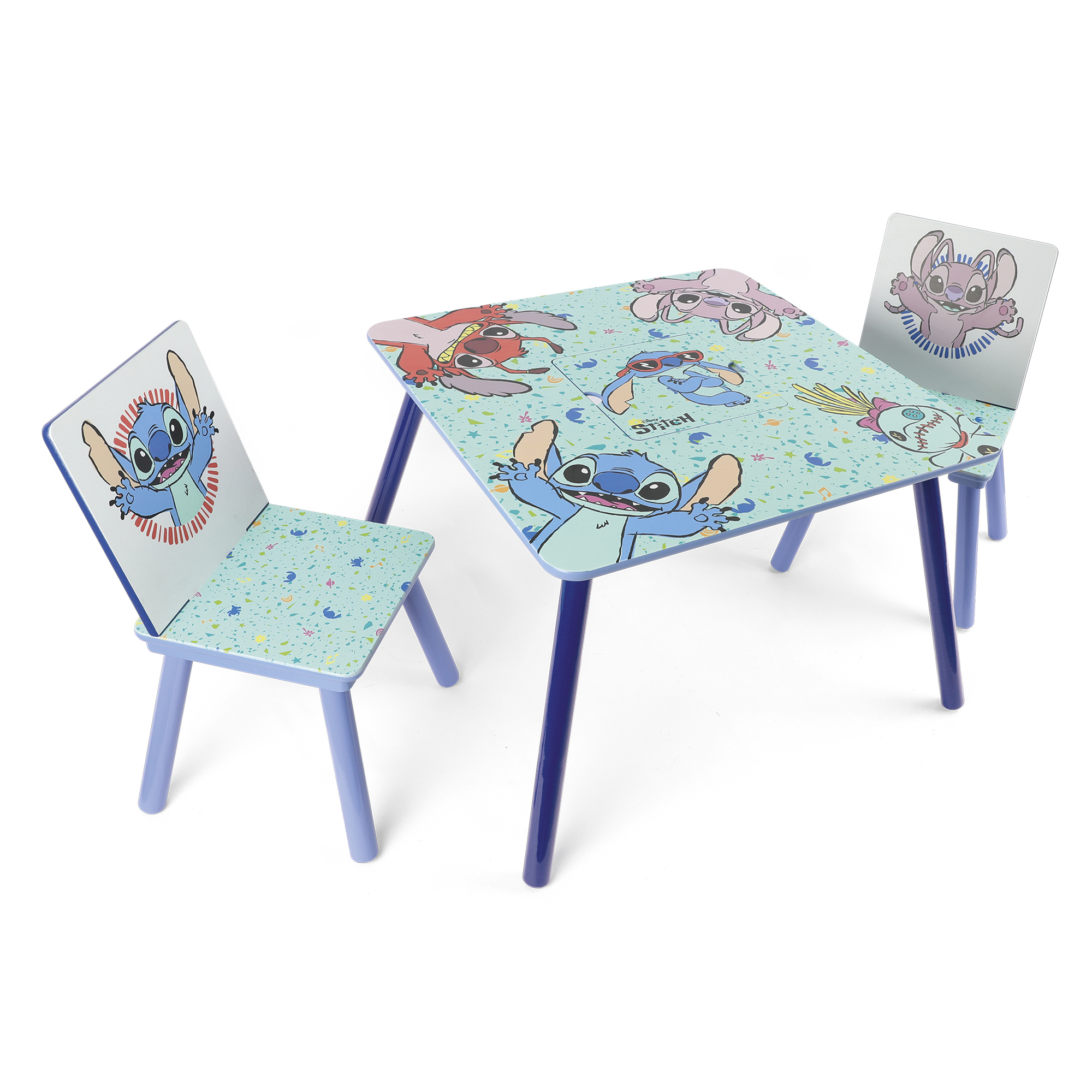Disney Stitch Tavolo e 2 Sedie Legno con Portaoggetti