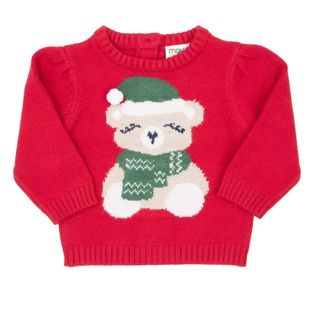 Maglia Tricot Bimba Natale Rossa Orsetto