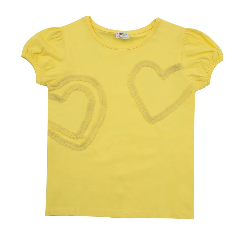 T-Shirt Jersey Bimba Gialla Stampa Cuori Rilievo