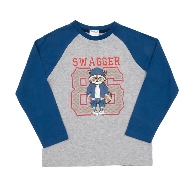 T-shirt bimbo manica lunga raglan grigio e blu