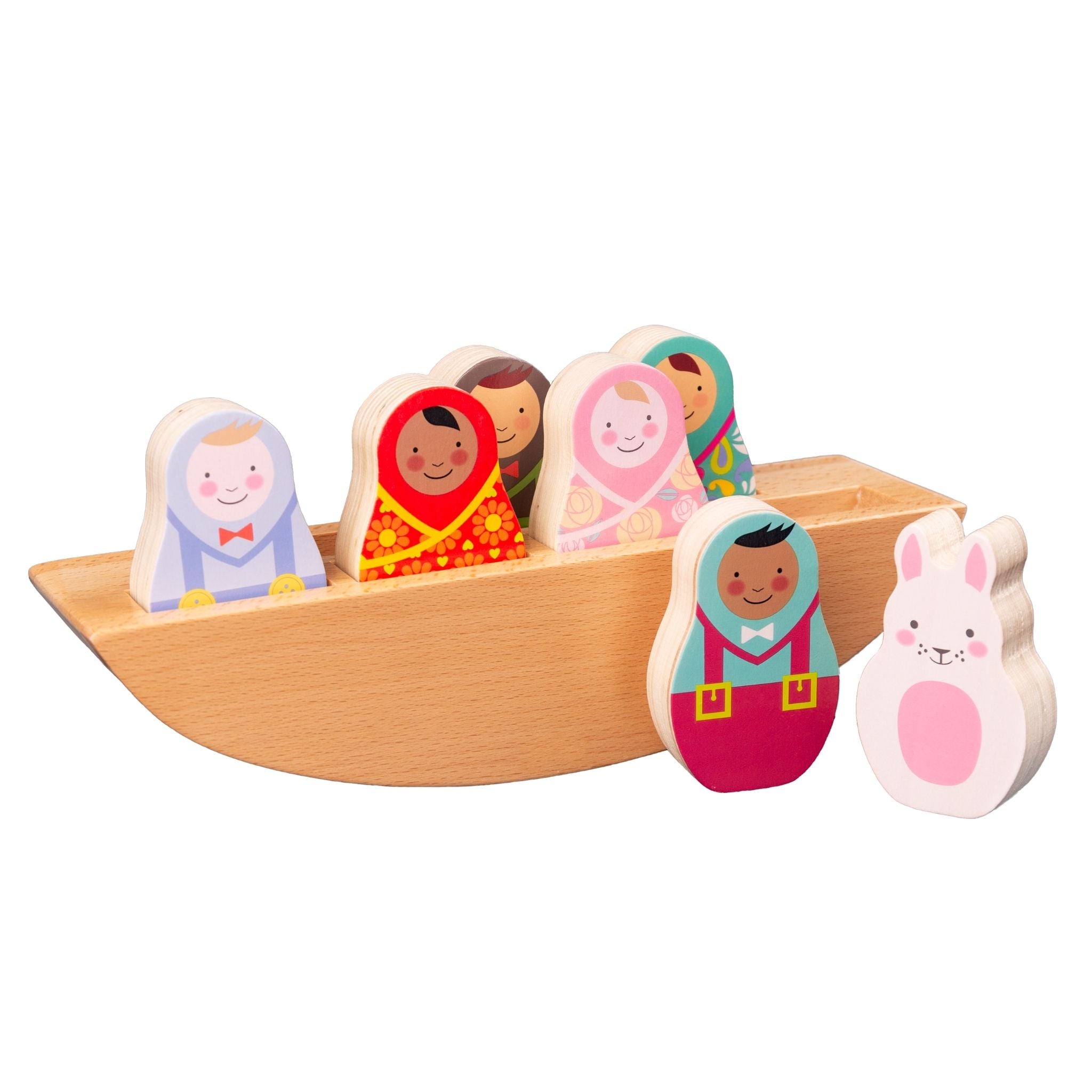 Rosa & Bo Little Friends Rock-a-Boat Woodlies barchetta legno con amici