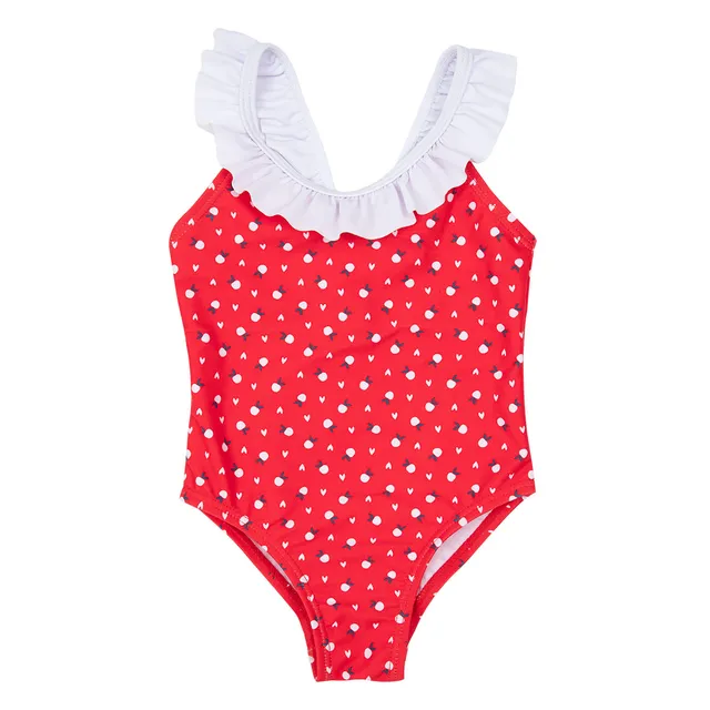 Costume intero bimba rosso frutti 2 anni rouches cotone