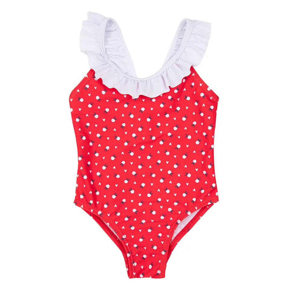 Costume intero bimba rosso frutti 2 anni rouches cotone