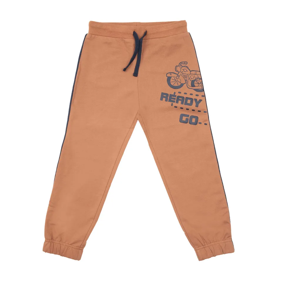 Pantalone bimbo felpato marrone stampa moto elastico