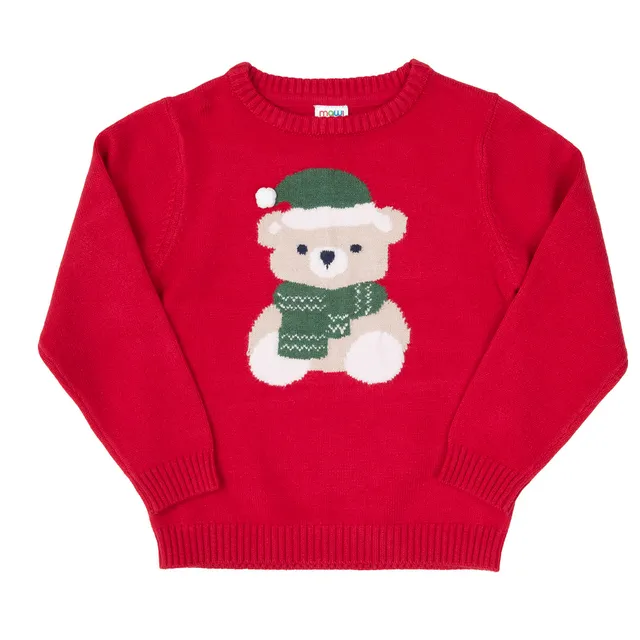 Maglia Tricot Bimbo Christmas Orsetto Rossa Girocollo