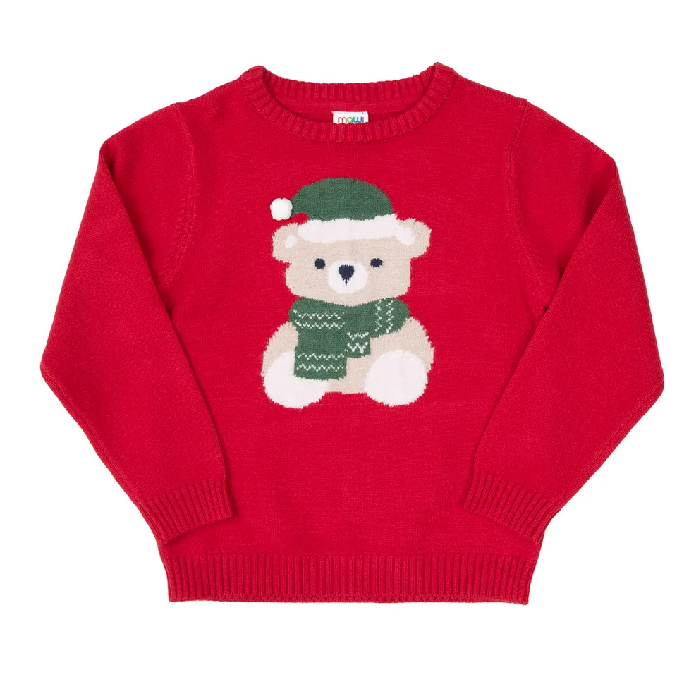 Maglia Tricot Bimbo Christmas Orsetto Rossa Girocollo