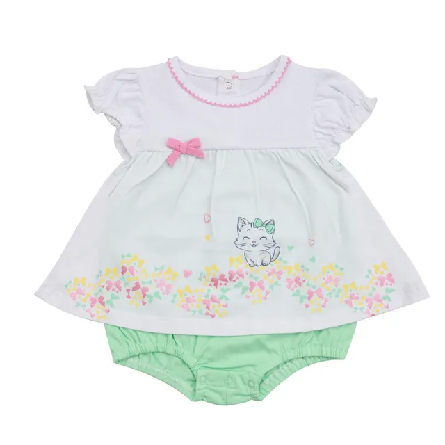 Pagliaccetto jersey bimba bianco gattino fiocchi vestitino