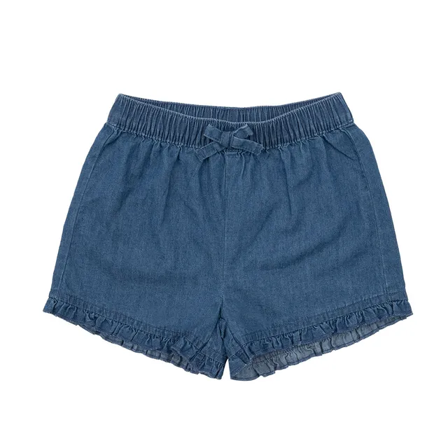 Short bimba denim blu con fiocco elastico
