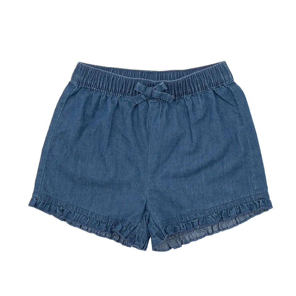 Short bimba denim blu con fiocco elastico