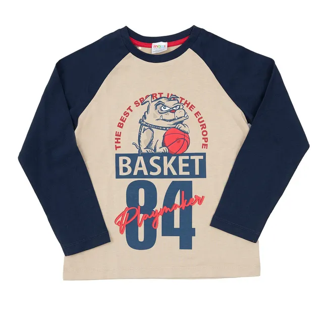 T-shirt bambino maniche lunghe blu beige stampa frontale