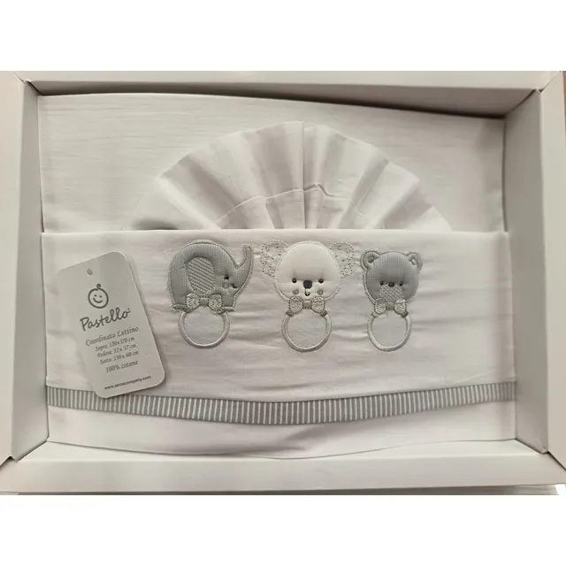 Lenzuola lettino 3 pezzi ricamate pastello unisex