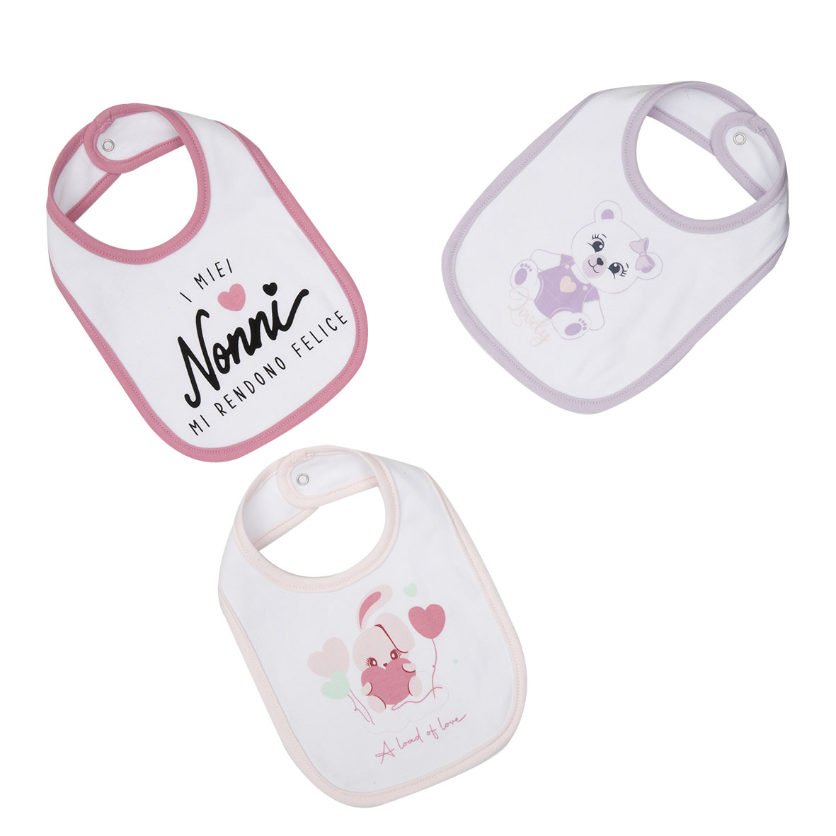 Bavaglini neonata cotone bianco rosa pack 3 pezzi stampati