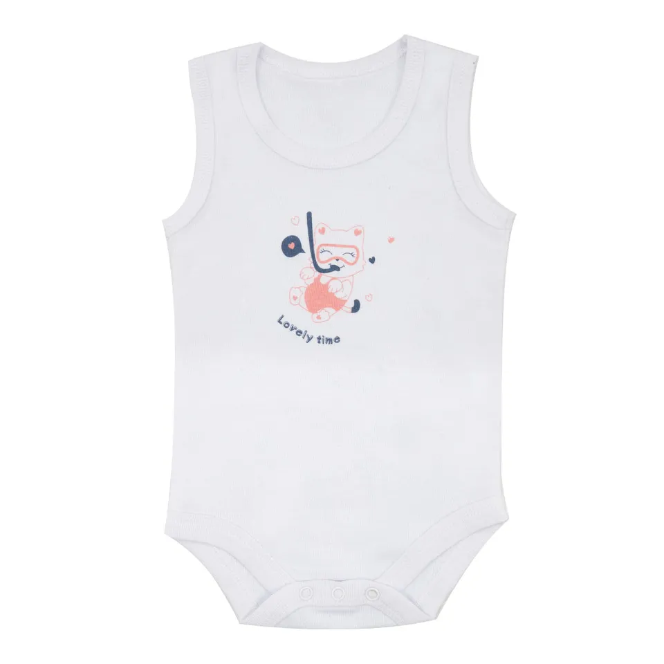 Body Canotta Bimba Bianco Stampa Gattino Costina