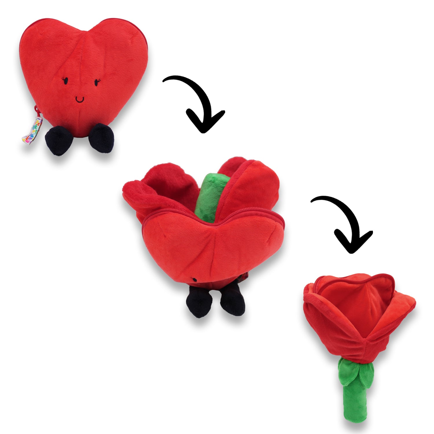 Les Déglingos Flipetz peluche cuore fiore rosso reversibile