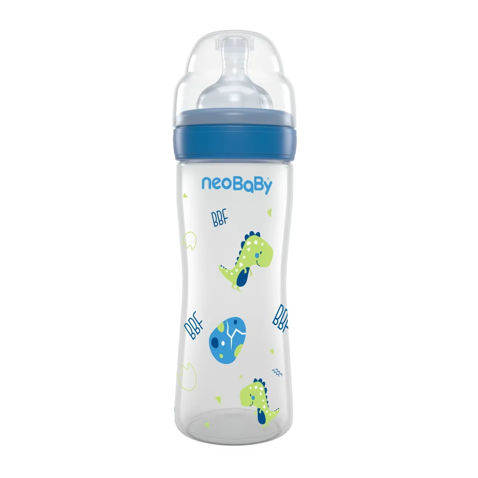 Neobaby Biberon Collo Largo 250 ml Blu Dinosauri Silicone