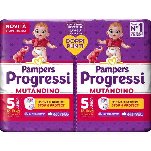 Pampers Progressi Mutandino Junior taglia 5 34 pezzi 12-18 kg