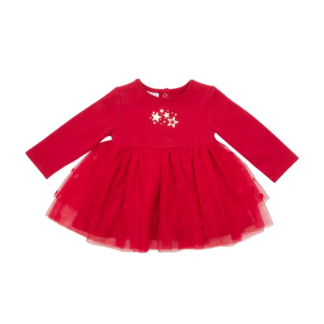 Abito felpato bimba manica lunga rosso stelline tulle