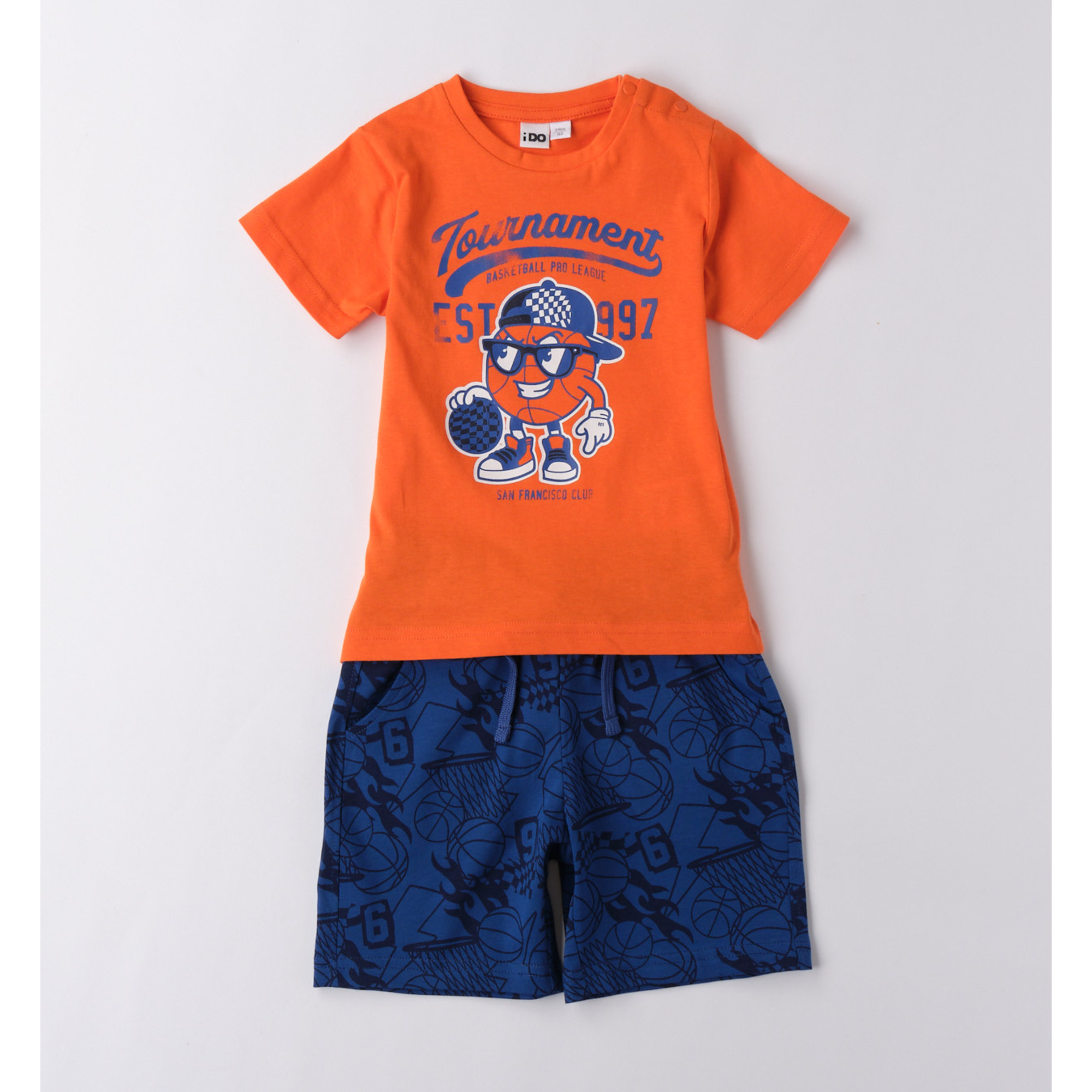 iDO Completo short blu + t-shirt arancio pallone bimbo cotone