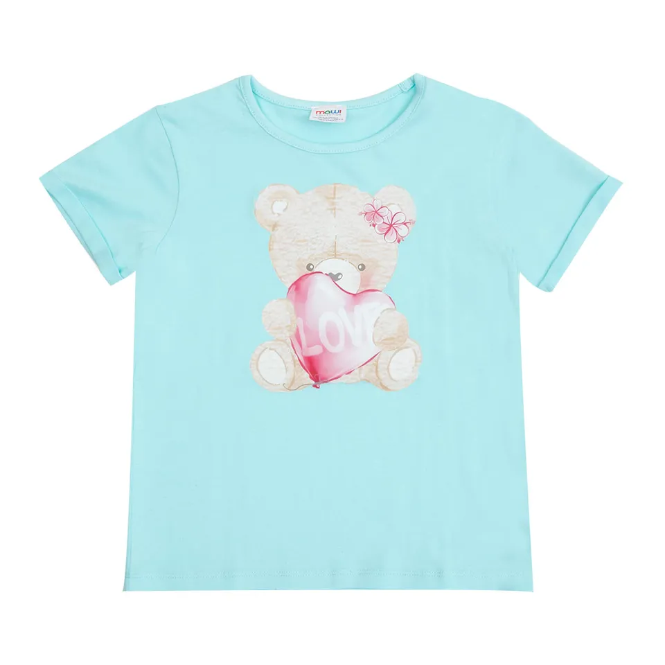 T-shirt jersey bimba azzurra stampa orsetto manica corta