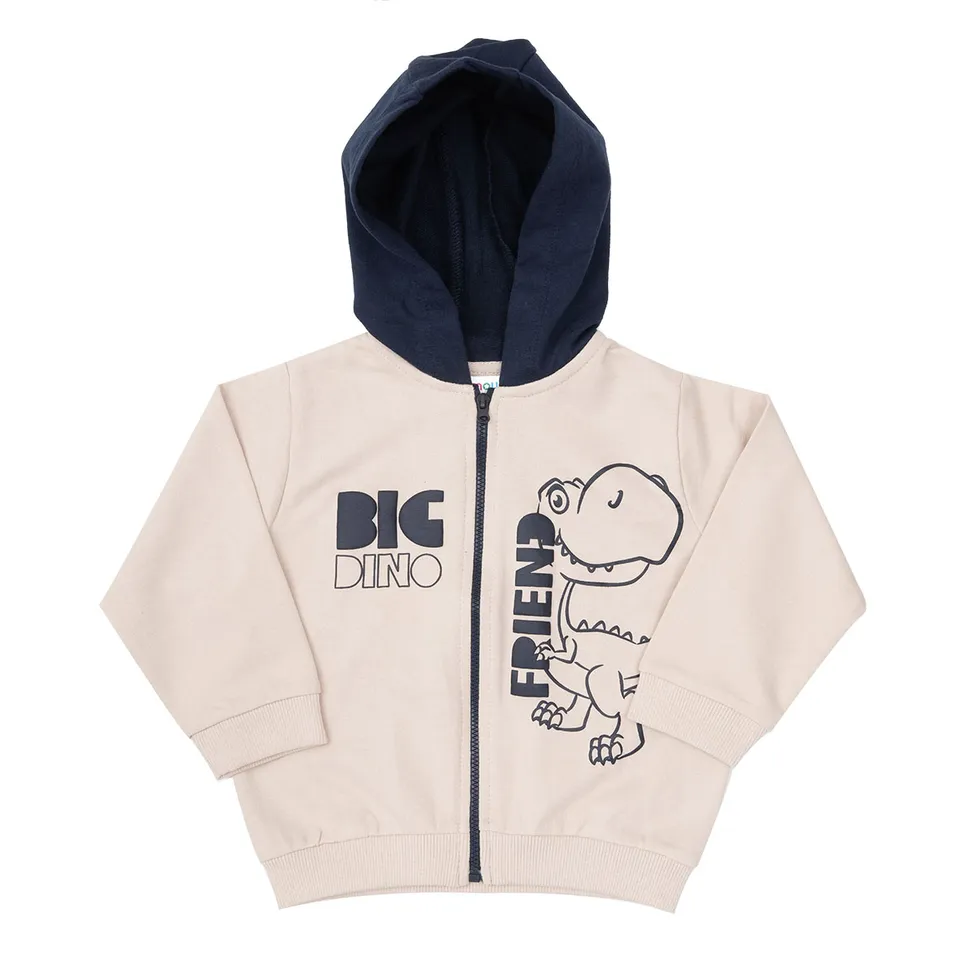 Dino Felpa Bimbo con Zip e Cappuccio Bianca Stampa Dino