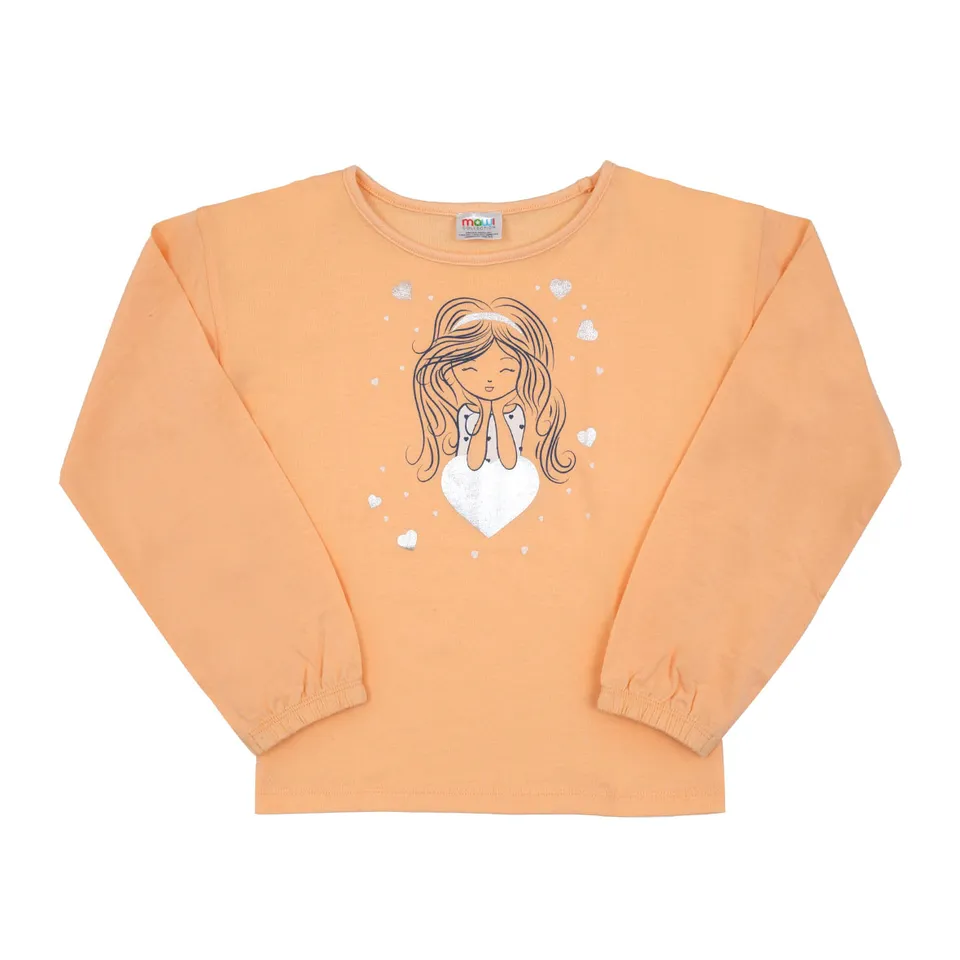Maglia Bimba Manica Lunga Arancione con Stampa Cuori