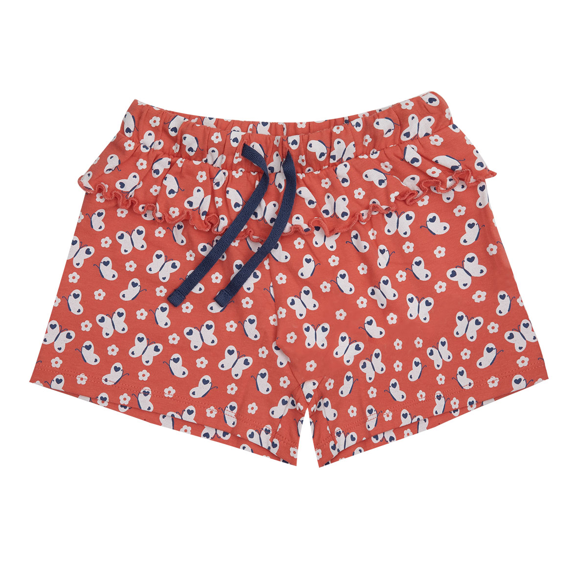Short bimba corallo con farfalle elastico e frill