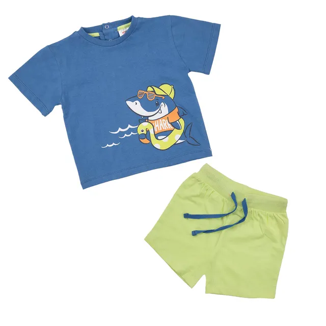 Completo bimbo maglietta e pantaloncini shark blu verde