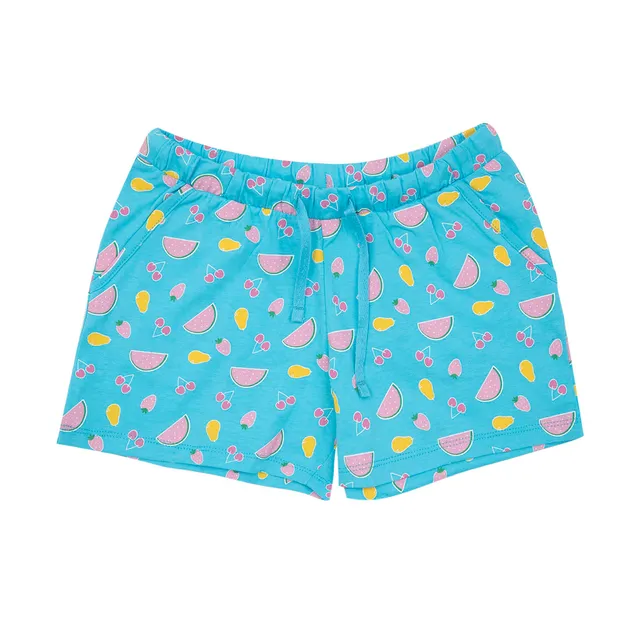 Shorts jersey bimba azzurro stampa frutta elastico
