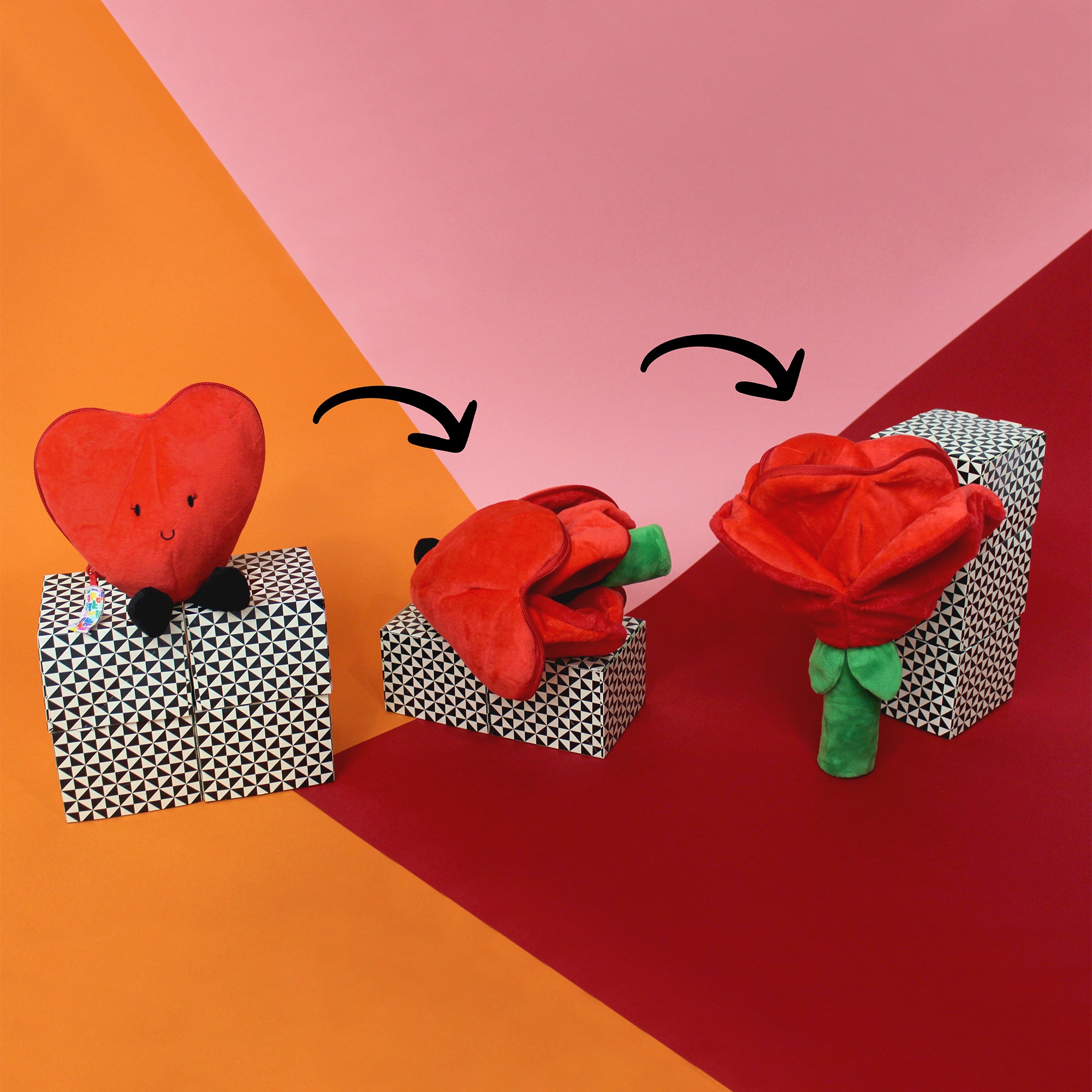 Les Déglingos Flipetz peluche cuore fiore rosso reversibile