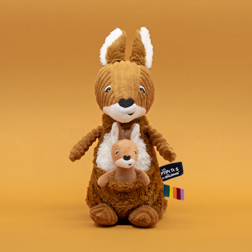 Les Déglingos Ptipotos Allezou peluche canguro marrone mamma bebè