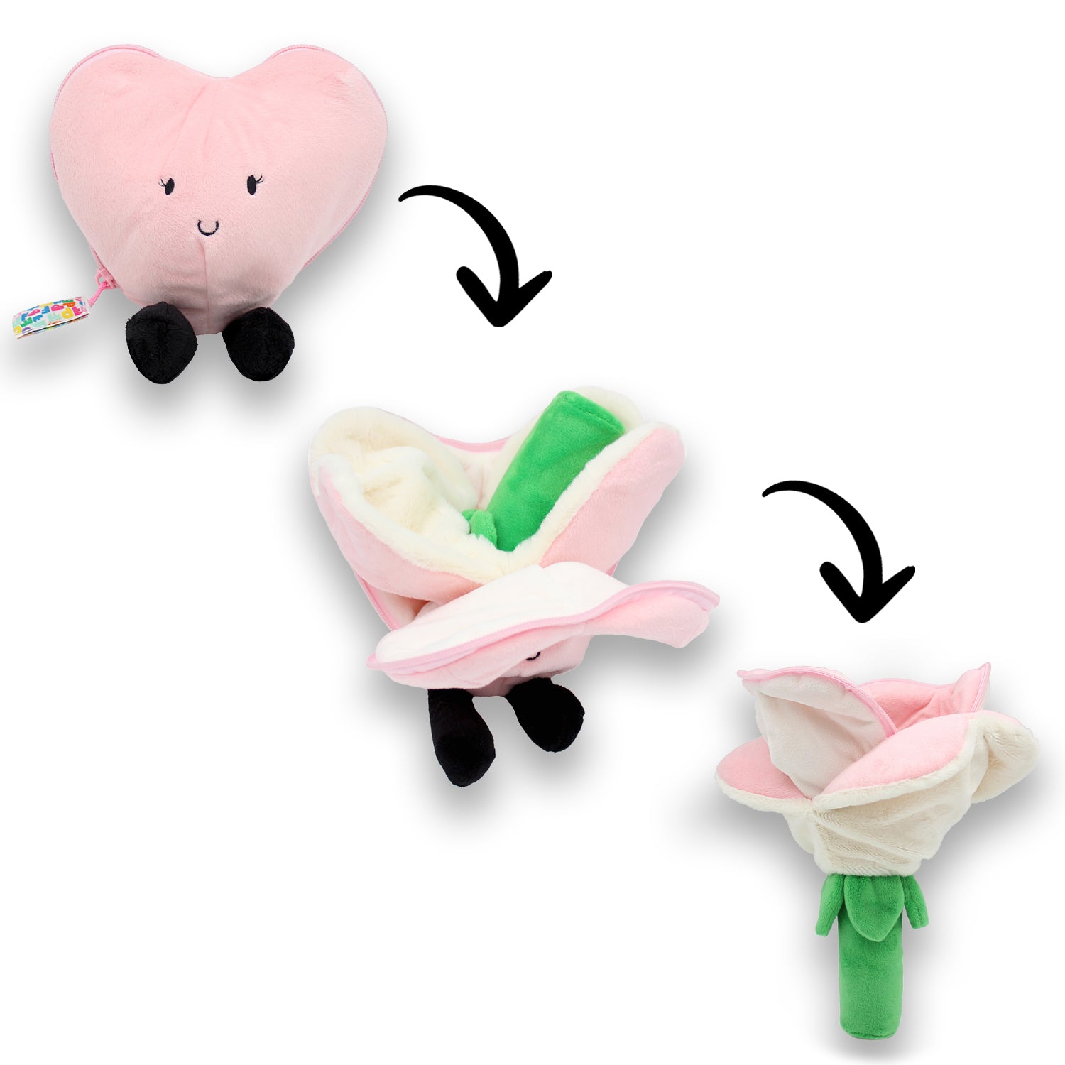 Les Deglingos Flipetz peluche cuore fiore rosa reversibile