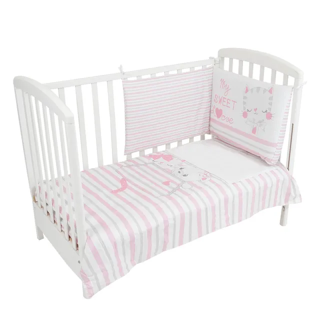 Completo Lettino 3 Pezzi Gatto Rosa Cotone Bimba Federa