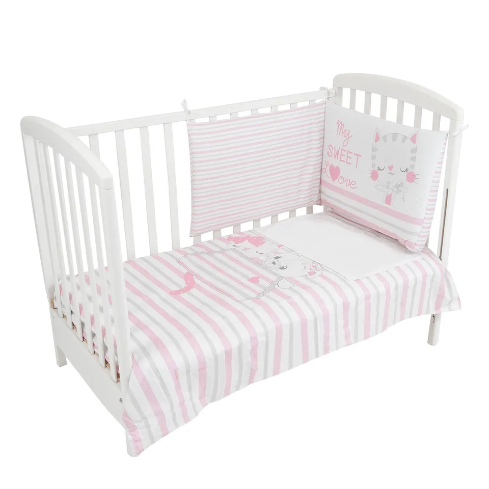 Completo Lettino 3 Pezzi Gatto Rosa Cotone Bimba Federa