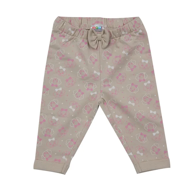 Pantalone felpato bimba beige stampa animaletti rosa