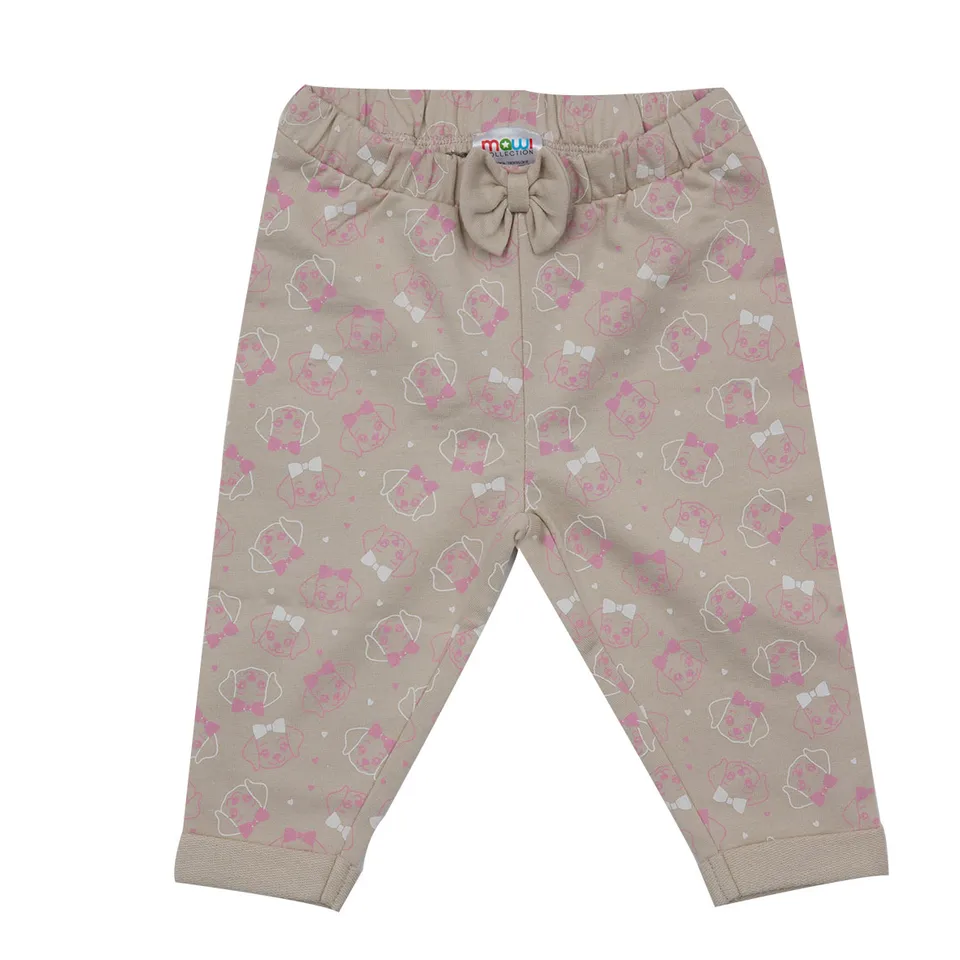 Pantalone felpato bimba beige stampa animaletti rosa