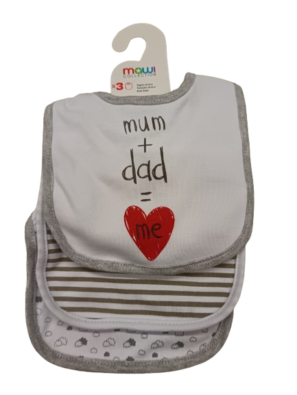 Set 3 Bavaglini Mum Dad Me Bianco Cotone Bottone Clip