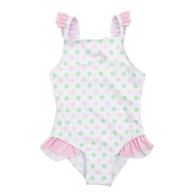 Costume intero bimba bianco pois rosa frill