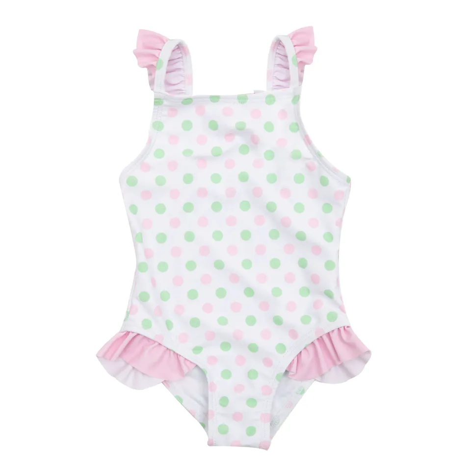 Costume intero bimba bianco pois rosa frill